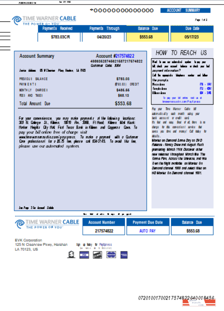 Time Warner Cabel utility business bill,  page 1, SCR PSD template